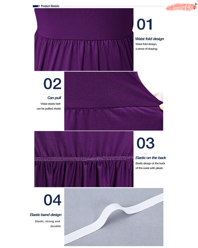 AUSELILY Women's Short Sleeve Empire Waist Dress Pleated Loose Swing Knee Length Dresses with Pockets 2026 New Purple XL - Image 2